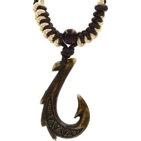 Hawaiian Jewelry Manu Makau Style Resin Fish Hook Necklace with Hawaii Koa Wood Bead