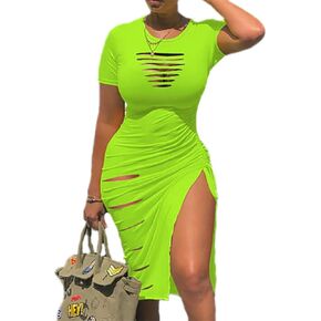 FCHICH Women's Sexy Club Cut Out Ruched Slit Bodycon Dress Summer Hollow Out Short Sleeve Midi Dresses Casual Solid Dress
