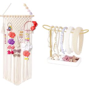 Mkono Macrame Hair Bow Holder Hanging Hair Clips Hanger Headband Storage Organizer Headband Holder Organizer Metal Headband Storage Hair Accessories Organizer