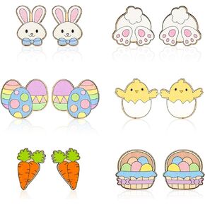 Whaline 6 Pairs Easter Wooden Earring Studs Bunny Rabbit Egg Shaped Earrings Cute Wood Earrings for Women Spring Birthday Party Jewelry Gift Accessories
