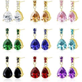 JOERICA 9 Pairs Stainless Steel CZ Dangle Earrings for Women Crystal Teardrop Earrings Set Multicolor Cubic Zirconia Birthstone Drop Earrings