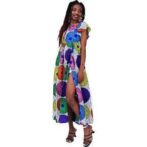 Women African Print Floral Dresses Ankara Ruffle Sleeve Front Slit Maxi Dress