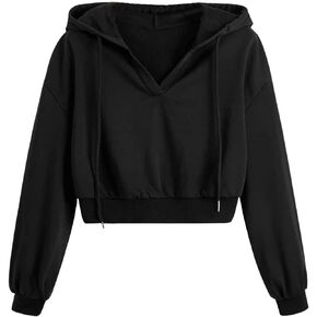 SweatyRocks Women's Long Sleeve V Neck Drawstring Hoodie Crop Sweatshirt Top