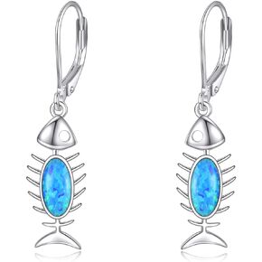 Fish Bone Dangle Earrings Sterling Silver Blue Opal Fishbone Skeleton Drop Earrings Jewelry Gift for Women Girls