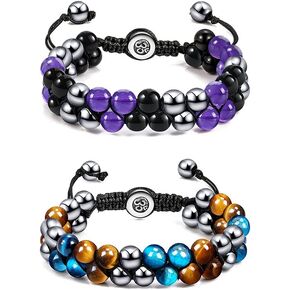 SOOWOOT Triple Protection Bracelet - Natural Tiger Eye Obsidian Hematite Bracelet Healing Crystal Yoga Meditation Bracelet for Women Men