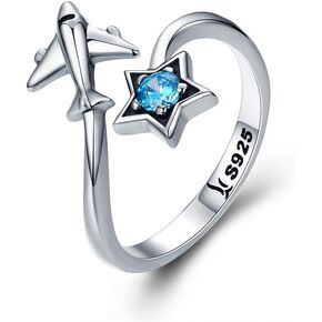 Blue CZ Star Airplane Cute Open 925 Sterling Silver Engagement Ring Dainty Cubic Zirconia Adjustable Statement Finger Promise Eternity Rings Band Jewelry Gifts for Women Teen Girls Her Birthday Sister