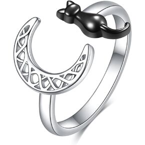 CRMAD Cat Ring Sterling Silver Black Cat on the Celtic Moon Ring Gifts for Women (7)