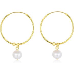 Organic Pearl Hoop Earrings | Freshwater Baroque Pearl in White Yellow Gold Hoops | 14K Gold Plated Sterling Silver