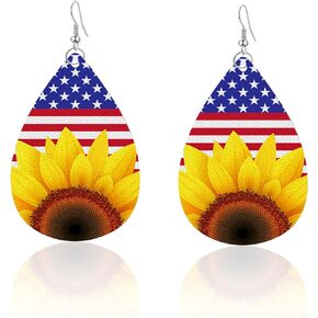 Independence Day American Flag PU Leather Earrings Sunflower Star Stripes Love Heart Cross Earring Cute Teardrop National Flag 4th of July Dangle Earrings Accessory for Woman Girl Gift
