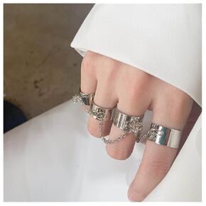 Punk Chain Finger Rings Silver Open Cuff Rings Adjustable Knuckle Joint Rings Set Stackable Statement Rings Gothic Rings for Women and Girls