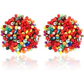 ZITULRY Beaded Stud Earrings Bohemian Statement Cluster Rainbow Seed Beads Big Round Piercing Post Earrings