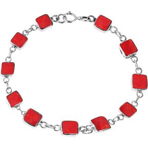 AeraVida Modernist Square Reconstructed Red Coral Double Sided .925 Sterling Silver Link Bracelet
