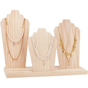 PH PandaHall Wood Necklace Display Stands with 3-Row Holder and 3 Removable Displays Wood Plank Necklace Storage Holder Bust Easel Jewelry Display for Necklaces, Rings Storage, Blanched Almond