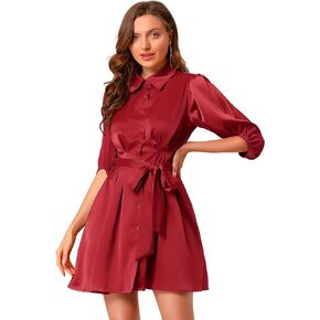 Allegra K Women's Elegant Satin Dresses Pleated Waist A-Line Belted Puff Sleeve Shirt Dress