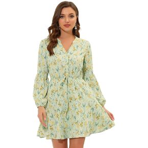 Allegra K Women's Button Front Tie Waist Vintage Long Sleeve Floral Dresses