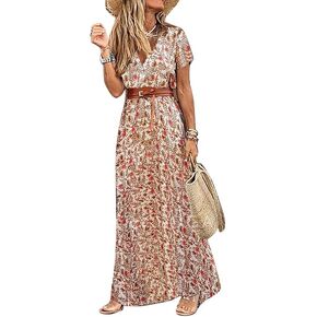 فستان بوهو طويل مطبوع عليه زهور وقبة V واكمام طويلة وخصر مرتفع للنساء من بوبدم، فستان ماكسي كاجوال فضفاض مع حزام 2023 in Kuwait