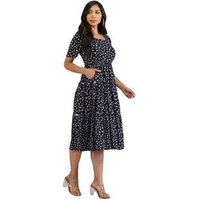 Stylish FABRIC Women's 2023 Summer Spring Square Neck Short Sleeve Tiered Boho Dress, Ruffle Trim with Side Pockets Dresses