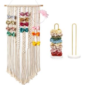 Mkono Macrame Bow Holder Hanging Hair Bow Organizer for Girls Hair Bows and Scrunchies Holder Stand Hair Accessories Organizer Gold White Metal Scrunchies Tower Hair Tie Organizer