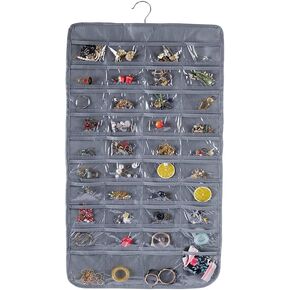 LNtech Dual-sided Hanging Jewelry Organizer with Metal Hooks,80 Pockets Jewelry Roll for Earrings,Necklaces,Rings on Closet,Wall,Door(White) in Kuwait