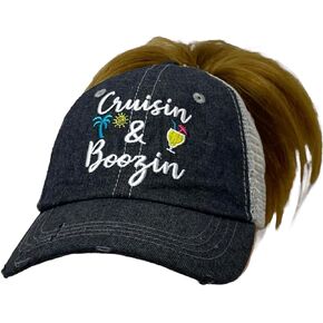 Womens Cruisin and Boozin Hat | Cruising and Boozing Hat | Cruisin and Boozin Messy BUN HIGH Ponytail Hat | Cruise Hat 907 Dark Grey
