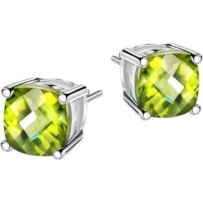 S925 1.5ct Peridot Stud Earrings for Women Cushion Cut Solitaire Sterling Silver Earrings for Girls August Birthstone Gemstone Jewelry for Women