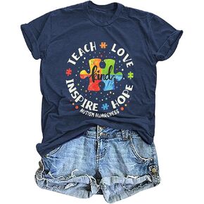 Autism Awareness Shirt Women Special Education Teacher T Shirt Short Sleeve Puzzle Piece Graphic Tee Tops