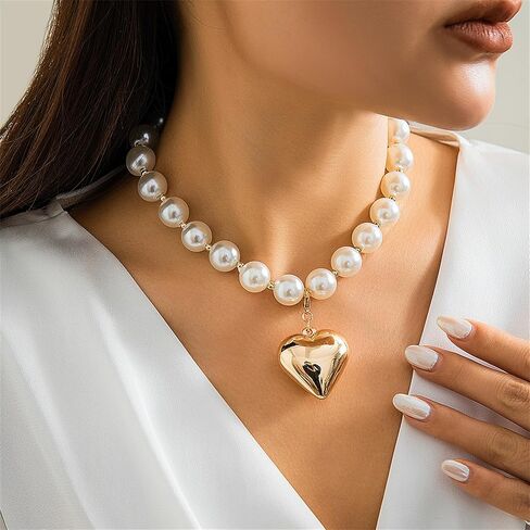 YBMYCM Heart Pendant Choker Necklaces Chunky Gold Bead Choker Necklaces for Women Girls Gifts Jewelry in Saudi Arabia