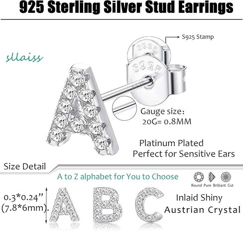 Sllaiss 925 فضة أقراط أولية للنساء مطلية بالذهب الأبيض صغيرة من الألف إلى الياء أقراط حروف كريستال نمساوي أقراط مجوهرات هدايا in Kuwait