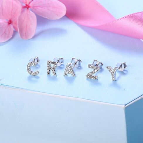 Sllaiss 925 فضة أقراط أولية للنساء مطلية بالذهب الأبيض صغيرة من الألف إلى الياء أقراط حروف كريستال نمساوي أقراط مجوهرات هدايا in Kuwait