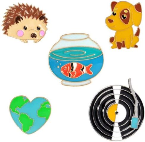 5 Pieces Cartoon Lovely Phonograph Goldfish Jar Hedgehog Heart Dog Brooch Pins Cute Brooch Pins Fashion Jewelry for Clothes Bags Backpack, Alloy Steel, no gemstone in Kuwait