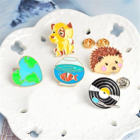 5 Pieces Cartoon Lovely Phonograph Goldfish Jar Hedgehog Heart Dog Brooch Pins Cute Brooch Pins Fashion Jewelry for Clothes Bags Backpack, Alloy Steel, no gemstone in Kuwait