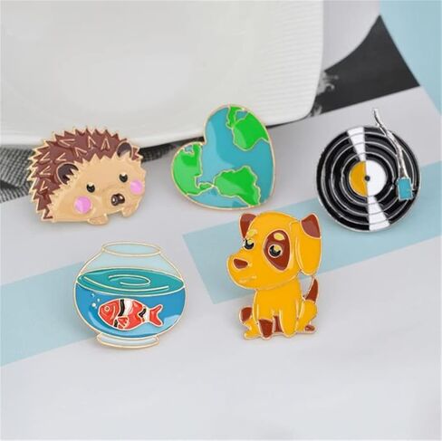 5 Pieces Cartoon Lovely Phonograph Goldfish Jar Hedgehog Heart Dog Brooch Pins Cute Brooch Pins Fashion Jewelry for Clothes Bags Backpack, Alloy Steel, no gemstone in Kuwait