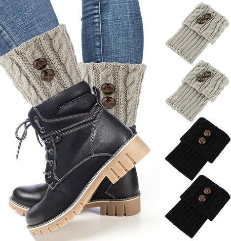 DIVINA VITAE 2 Pairs Winter Boot Cuffs for Women Knitted Crochet Boot Socks Short Leg Warmers Boot Topper Warm Short Boots Cuff Warm Cuff Socks Leg Cuffs Boot Warmers Gift(Black+Grey) in Saudi Arabia