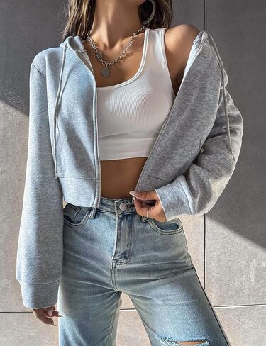 Bianstore Women's Casual Workout Long Sleeve Cropped Zip Up Hooded Hoodies Sweatshirts in Kuwait