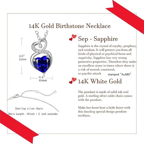 FANCIME 14K Solid White Gold Birthstone Necklace with Sterling Silver Chain 1.5 CT Gemstone Heart Necklace Small Dainty Fine Jewelry for Women 16"+2" in Saudi Arabia