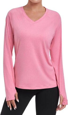 HISKYWIN Women's Quick Dry Shirts UPF 50+ Sun Protection V-Neck Long Sleeve Athletic Workout Tops in Kuwait