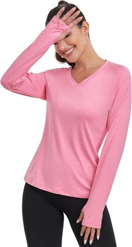 HISKYWIN Women's Quick Dry Shirts UPF 50+ Sun Protection V-Neck Long Sleeve Athletic Workout Tops in Kuwait
