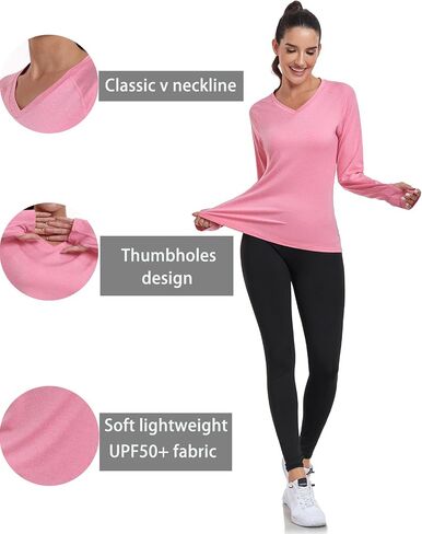 HISKYWIN Women's Quick Dry Shirts UPF 50+ Sun Protection V-Neck Long Sleeve Athletic Workout Tops in Kuwait