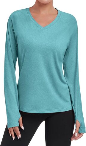 HISKYWIN Women's Quick Dry Shirts UPF 50+ Sun Protection V-Neck Long Sleeve Athletic Workout Tops in Kuwait