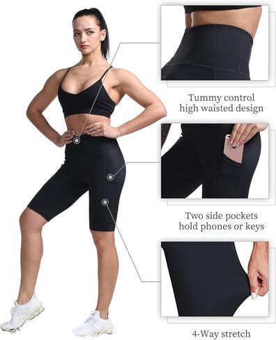 شورت اليوغا للنساء شورت عالي الخصر لراكبي الدراجات النارية مع جيوب للتمرين الرياضي والجري in Kuwait