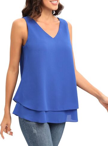 Womens Sleeveless Chiffon Blouses V Neck Dressy Casual Flowy Tank Tops in Saudi Arabia