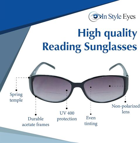 نظارات شمسية ثنائية البؤرة أنيقة للقارئ من In Style Eyes - نظارات قراءة بإطار مستطيل كامل الحواف - عدسات غير مستقطبة - سلحفاة - 3.0x in Kuwait