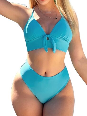 CUPSHE Bikini Sets for Women Two Piece Swimsuit V Neck Knotted Front Cross Back Mid Waisted Bottom in Saudi Arabia