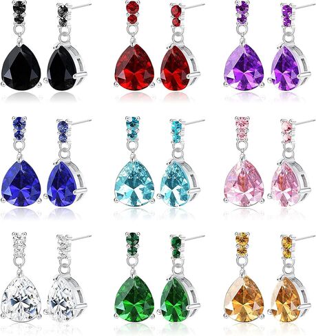 JOERICA 9 Pairs Stainless Steel CZ Dangle Earrings for Women Crystal Teardrop Earrings Set Multicolor Cubic Zirconia Birthstone Drop Earrings in Kuwait