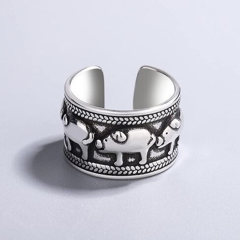 Vintage Pigs Open Statement Ring for Women Teen Girls Silver Plated Cute Animal Adjustable Stackable Chunky Wide Finger Band Promise Engagement Dating Rings Personalized Jewelry Gifts in Saudi Arabia