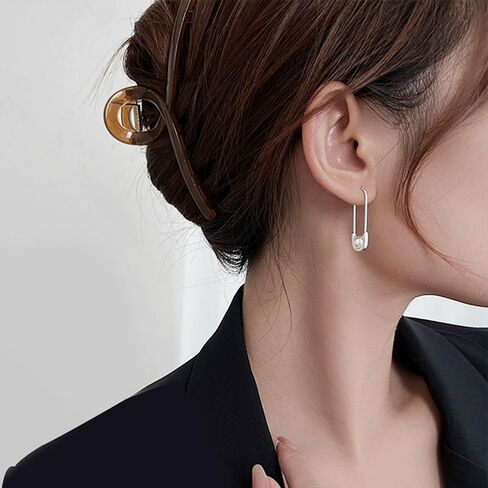 LAXPICOL 925 Sterling Silver Pin Shape Dangle Earrings For Women Girls Elegant Pearl Special Drop Earrings Silver Tone, Pearl, No Gemstone in Kuwait