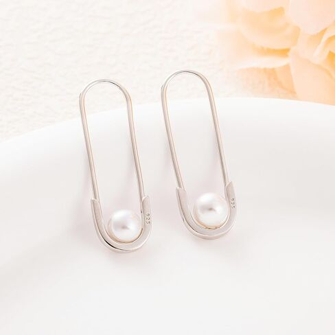 LAXPICOL 925 Sterling Silver Pin Shape Dangle Earrings For Women Girls Elegant Pearl Special Drop Earrings Silver Tone, Pearl, No Gemstone in Kuwait