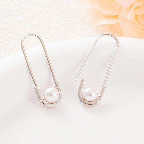 LAXPICOL 925 Sterling Silver Pin Shape Dangle Earrings For Women Girls Elegant Pearl Special Drop Earrings Silver Tone, Pearl, No Gemstone in Kuwait