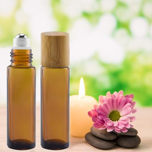 Brown Glass Roll-on Bottles10pcs Amber Glass Essential Oil Roller Bottles 10ml Empty Refillable Roller Bottle With Natural Bamboo Lid Stainless Steel Ball Glass Aromatherapy Travel Perfumes Bottles in Kuwait