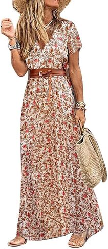 فستان بوهو طويل مطبوع عليه زهور وقبة V واكمام طويلة وخصر مرتفع للنساء من بوبدم، فستان ماكسي كاجوال فضفاض مع حزام 2023 in Kuwait